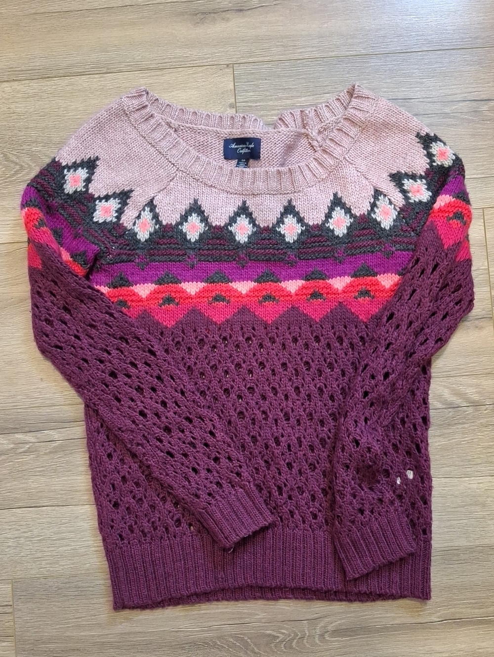 American Eagle Outfitters Fair Isle Open-Knit Sweater - Pink, Plum & Magenta